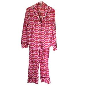 Victoria's Secret XS Satin Lips Pajama Set PJ's Top Bottom Red Pink Pockets SM